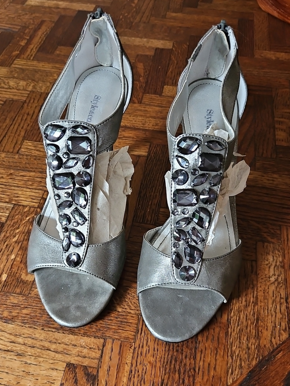 Style & Co. Metallic Silver T-Strap Heels with Dark Gem Embellishments